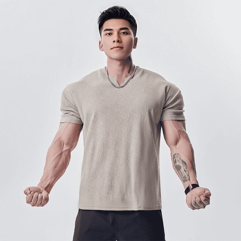 Men Solid V Neck T Shirt Short Sleeve Stretch Casual Workout Top For Daily And Gym Wear