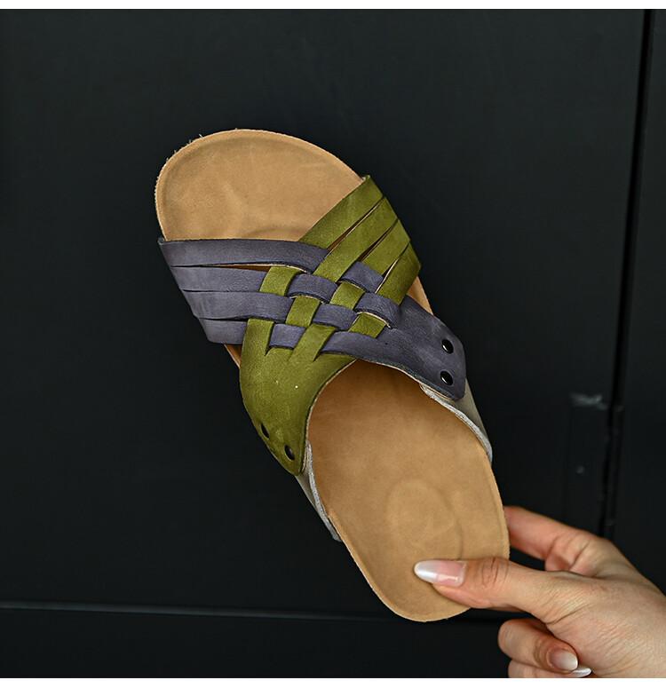 Vintage Woven Colorblock Open Toe Slippers Outside Platform Round Toe Open Toe Rivet Versatile Beach Slippers