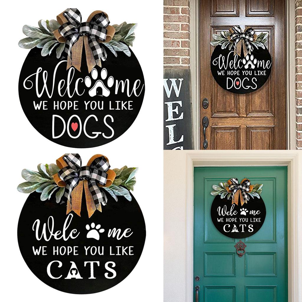 Welcome Sign for Front Door Round Wood Hanging Door Plaque Hope You Like Dogs/Cats Farmhouse Porch Decorations