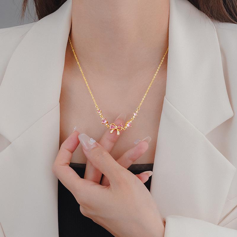 Shiny Pink Bow Heart Zircon Jewelry Set Necklace Bracelet for Women Trendy Y2K Style Accessory Gift for Teens