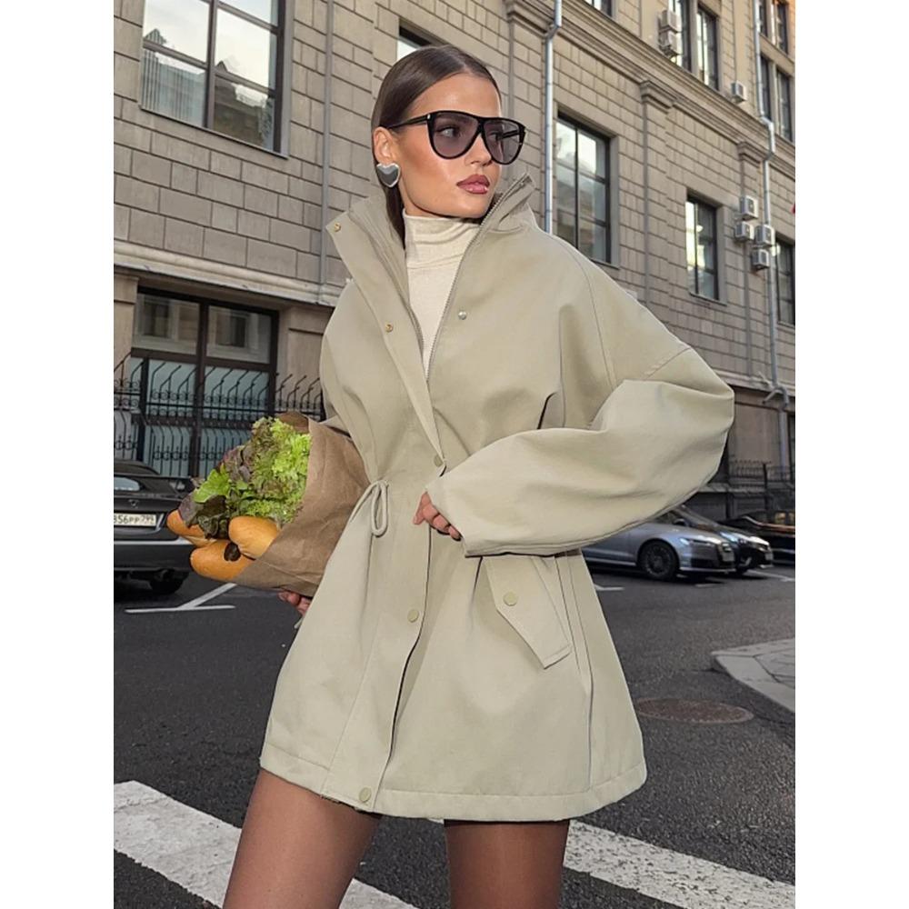 Damski Trencz Średniej Długości z Kołnierzem Stojącym, Talia na Sznurek, Jesienno-Zimowe Płaszcze, Bawełniana Kurtka Zewnętrzna