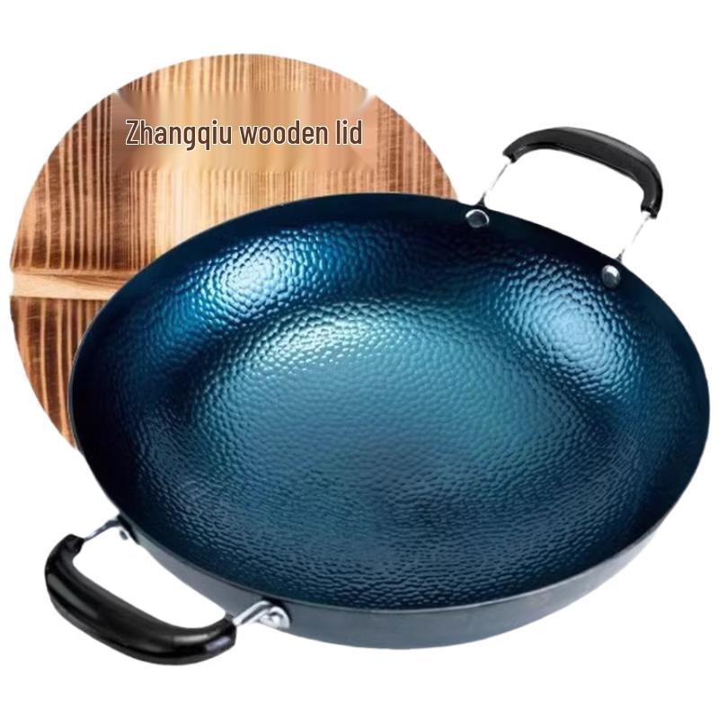 Mandai Chuan Zhangqiu Handmade Forged Iron Wok 36cm with Wooden Lid