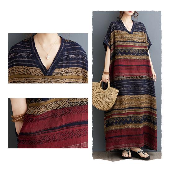 Plus Size Cotton Linen Maxi Dress for Women Loose V-Neck Short Sleeve