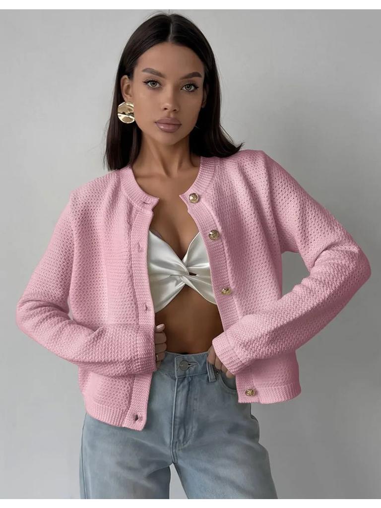 Beige Short Knit Cardigan with Gold Buttons
