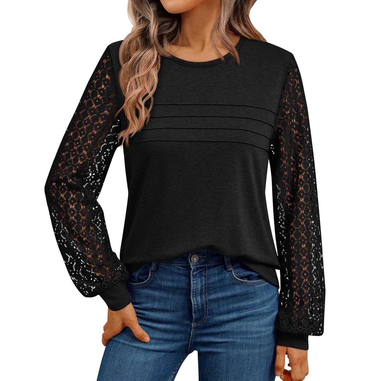 

Womens Long Sleeve Work Shirts Lace Tops Fall Fashion Lightweight Sweaters Business Casual Blouses L чорний