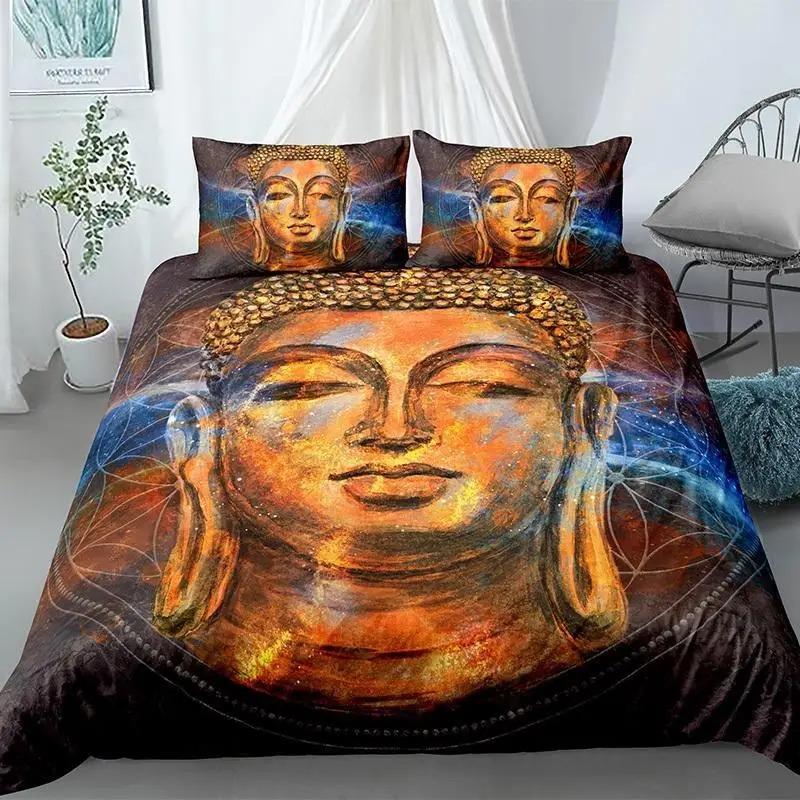 Buddha Duvet Cover Set King Size Exotic Ethnic Bohemian Bedding Set Microfiber Golden Buddha Statue Print Gorgeous Quilt Cover