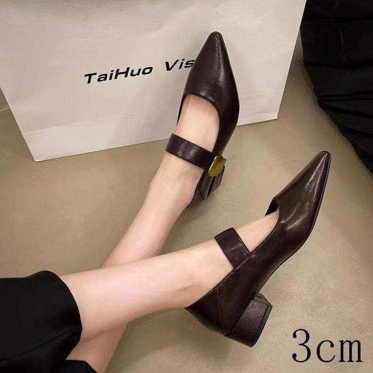 French thick heel Velcro shallow mouth single shoes women's 2025 spring and autumn new pointed foreign style versatile Mary Jane small leather shoes