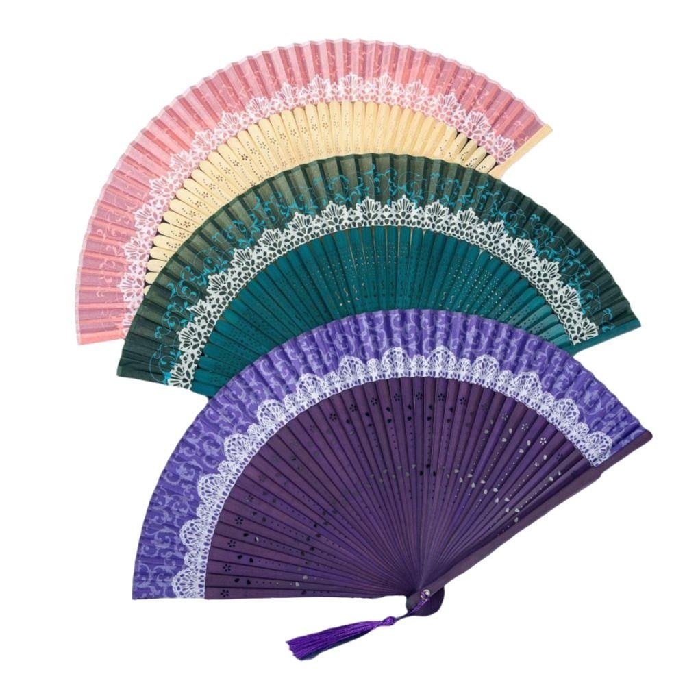 Lace Trim Color Changing Folding Fan Silk Cloth Bamboo Folding Fan  Dance Performance
