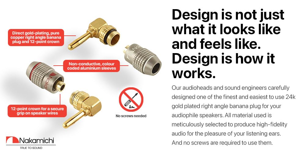 Nakamichi FanLock Excel Series 24k Gold Plated Right Angle Banana Plugs 10 AWG 18 AWG Gauge Size 4mm for Speaker Amplifier Stereo Home Theater Radio