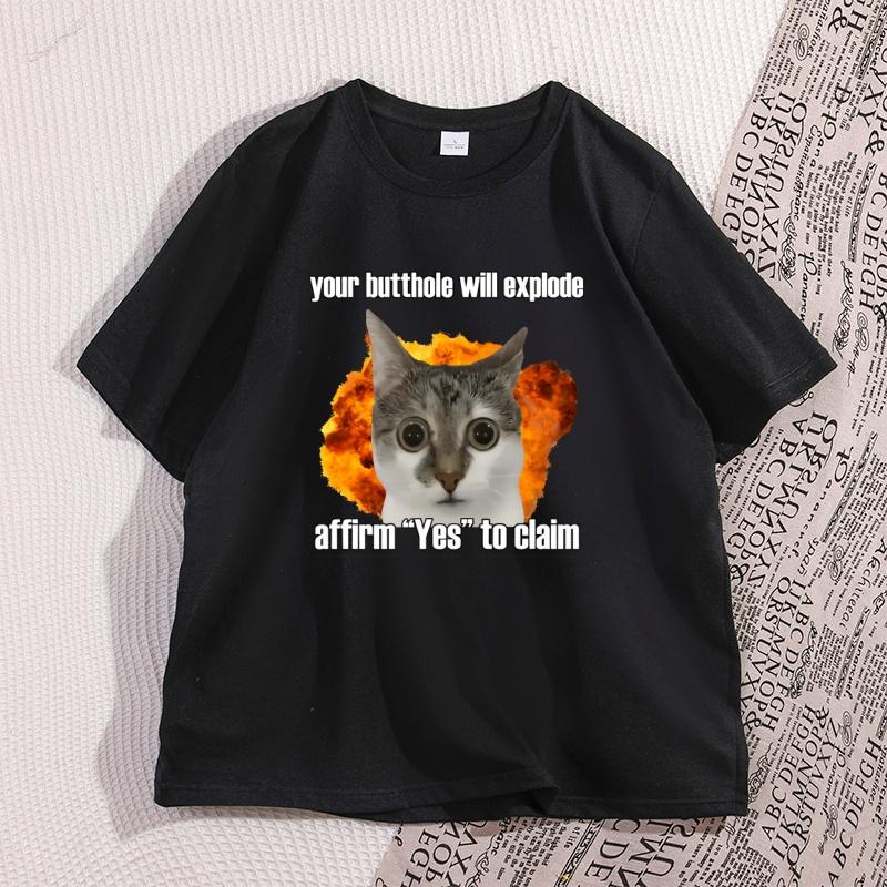 Fun Cat Print Short Sleeved Tshirt 2026 New Hot Selling Casual Cotton Oversized Mens Womens Street Wear Pattern Tshirt M