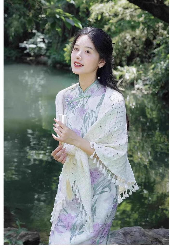 2026 Women's Off-White Knit Qipao Shawl with Tassels - Versatile Summer Cape for Skirts
