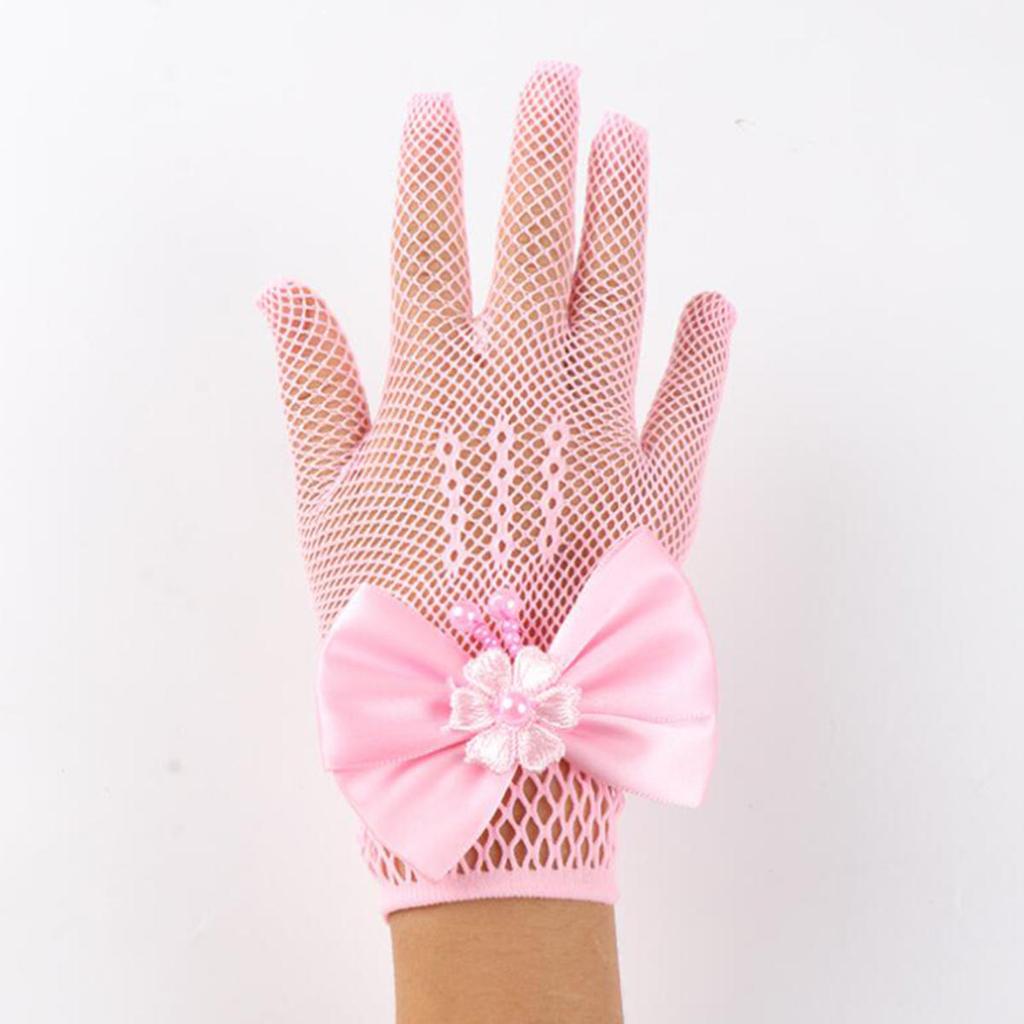Kids Party Lace Pearl Fishnet Gloves Communion Flower Girl Party Mittens Children's Mittens High Elasticity Mesh Bow Gloves