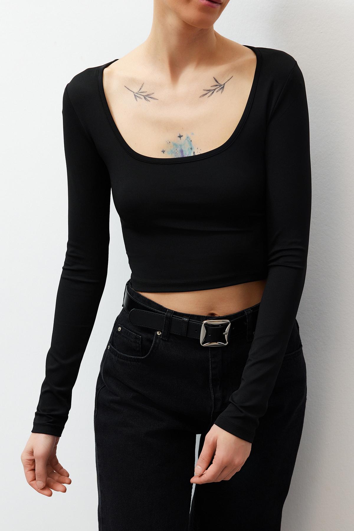 

Женская модная новая блузка, черная трикотажная блузка с длинным рукавом и вырезом лодочкой