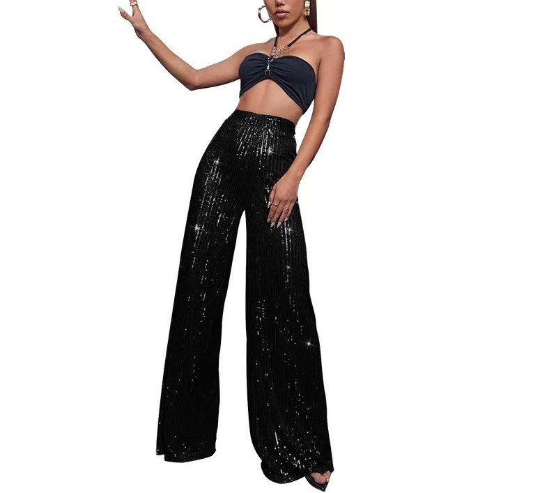 Pantaloni da Donna a Gamba Larga Lunghi Fino ai Piedi con Perle e Paillettes alla Moda 2025