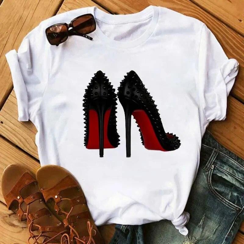 Maycaur Pinke High Heels Blumen Taschendruck T-Shirt Damen Trendy Hipster Harajuk Kawaii Kurzarm Oberteile T-Shirt Femme Kleidung Unisex