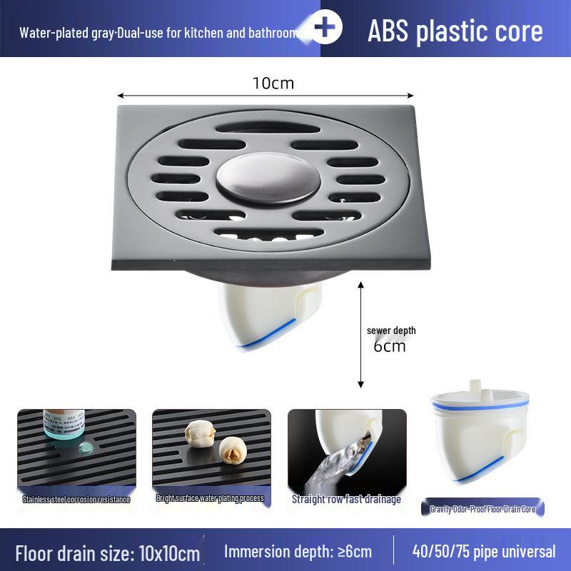 Gunmetal Gray 304 Stainless Steel Odor-Resistant Floor Drain with Copper Core for Shower & Washing Machine.