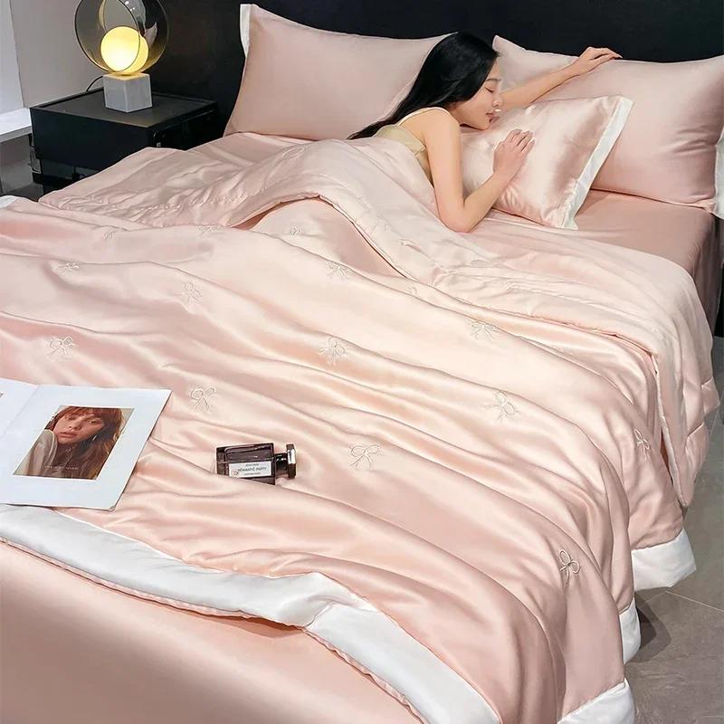 High-end Embroidered Spring Summer Quilt 4 Pcs Set or 3 Pcs Set or 1 Pcs Luxury Skin- Friendly Summer Blanket Lightweight Duvet