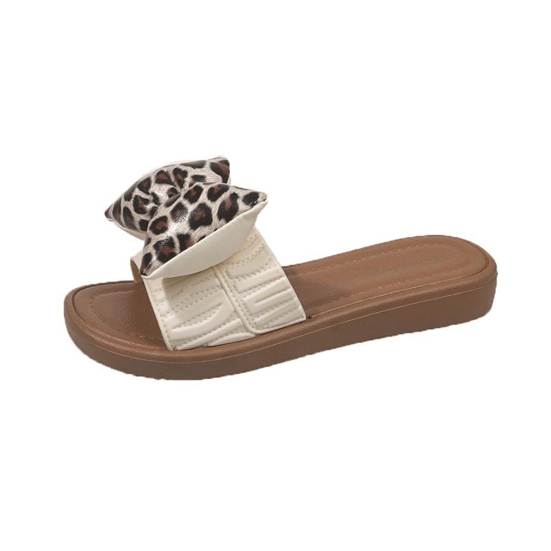 Bow Slippers Women's New Summer Leopard Print Versatile Flat Bottom Non-slip Outer Wear Schoolgirl Fashion Thick Bottom Sandals