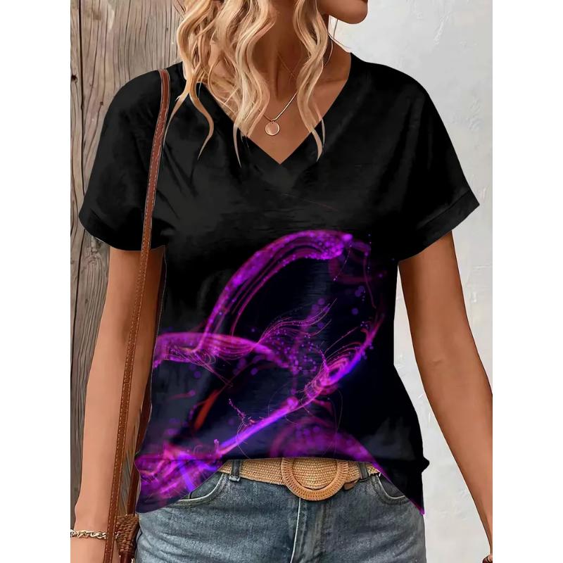 Fashion Women's V-Neck Short Sleeve 3D Casual Color Printing Casual Short Sleeve V-Neck T-Shirt