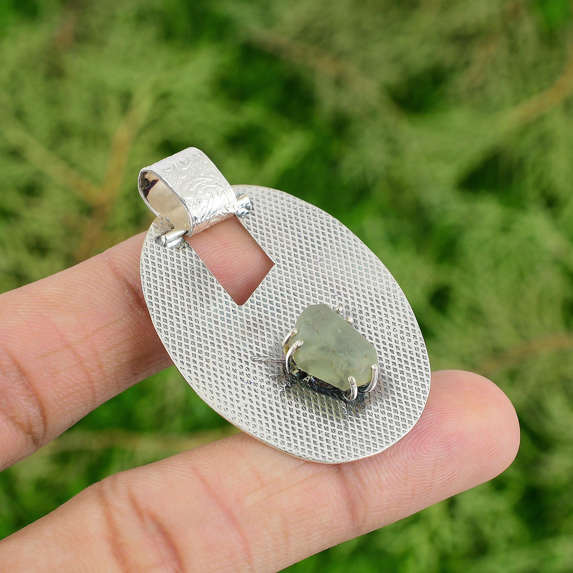 

Daughters Day Sale 925 Sterling Silver Natural Prehnite Rough Bezel Boho Pendant
