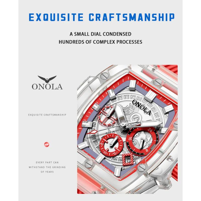 ONOLA Herreklokke Merke Gjennomsiktig Plast Vanntett Mote Sport Silikon Kvarts Klokker for Menn