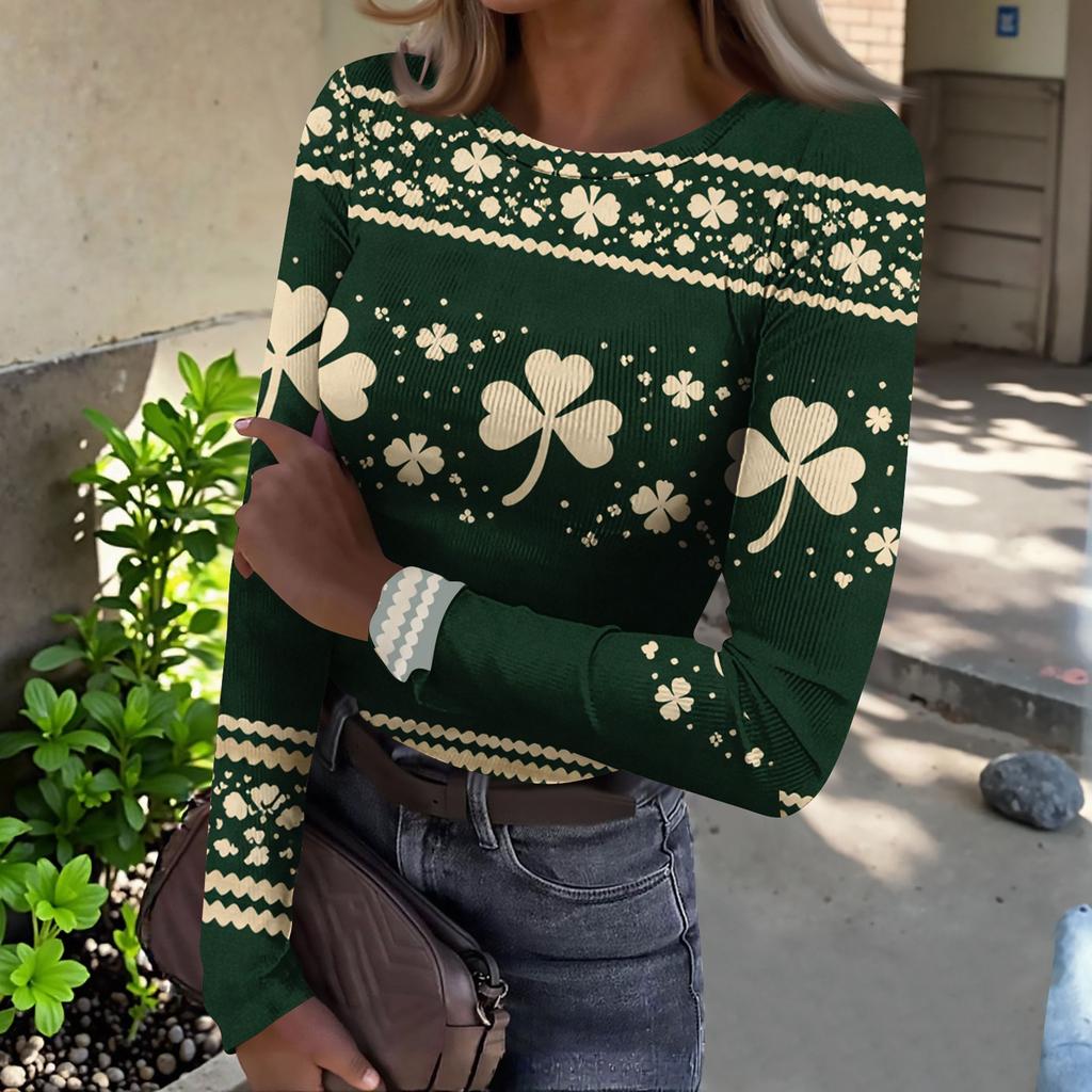 Women's And Winter Slim T-shirt Fashion Casual Printing Round Neck Pullover Long Sleeve Top