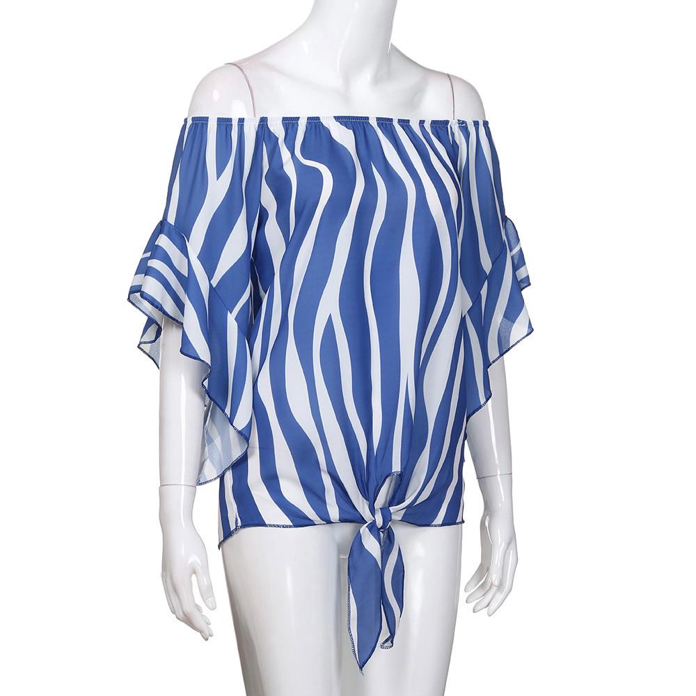 Women Striped Off Shoulder Waist Tie Blouse Short Sleeve Casual T Shirts Tops