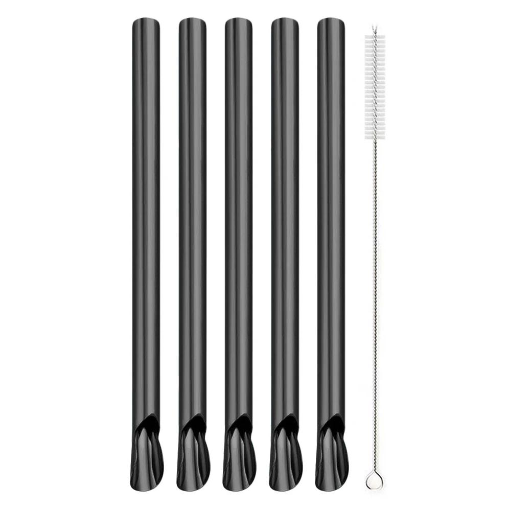 Reusable 304 Stainless Steel Straw Pearl Milkshake Bubble Tea 6Pcs Straw with Brush Set Stirring Smoothie Spoon Shaped Straw