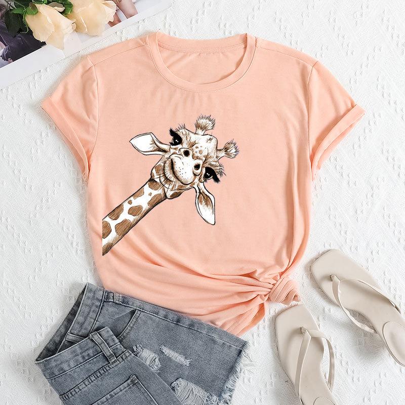 Summer Women's Plus Size Giraffe Print Loose Round Neck Casual Pure Cotton Short Sleeved T-shirts Women's