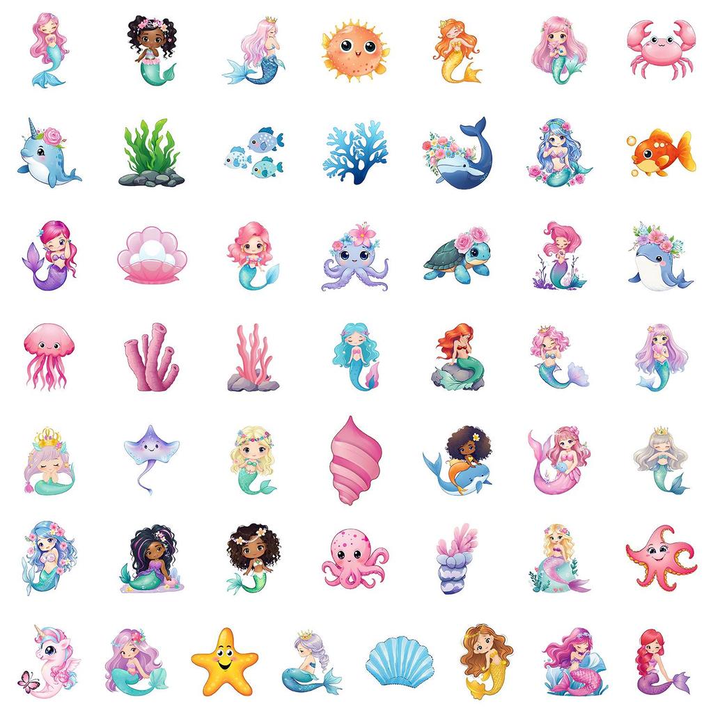 50pcs Waterproof Mermaid Cartoon Stickers for Suitcase, Phone, Notebook, and Journal