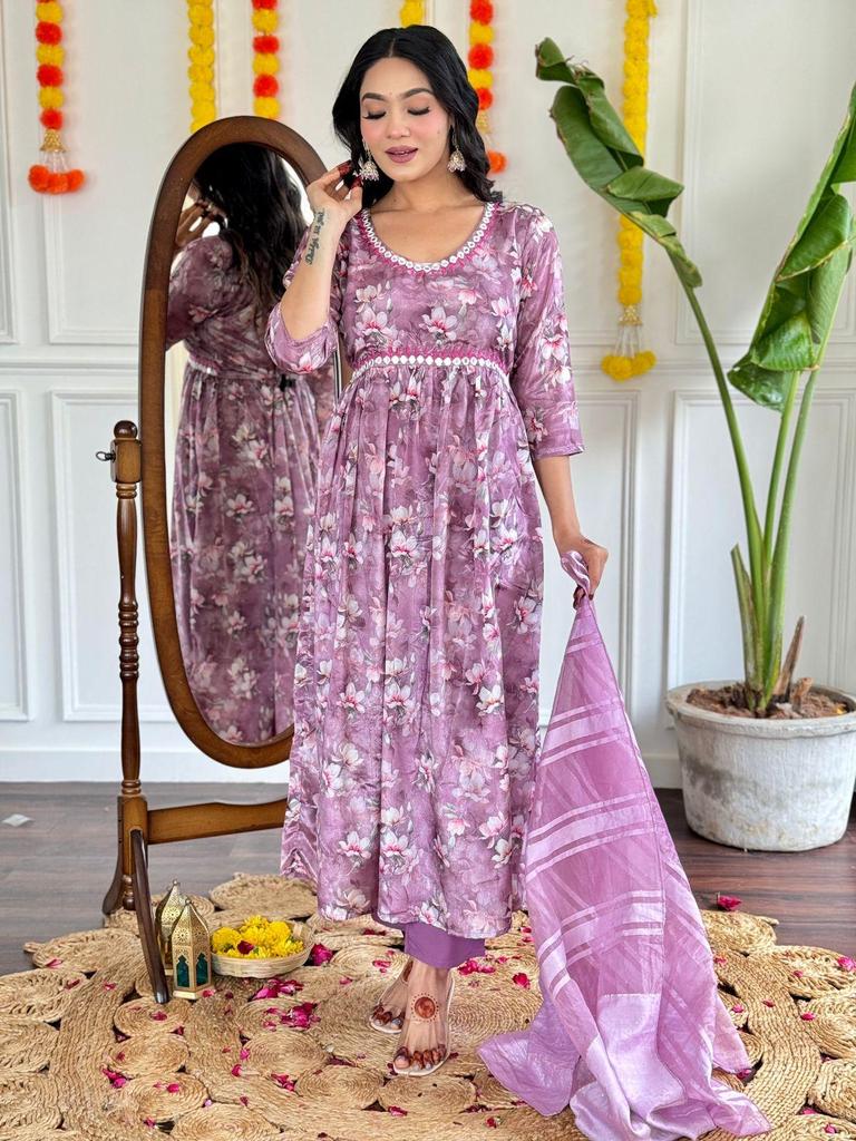 Beautiful Designer Floral Print Kurti Pant Dupatta Set Indian Women Top Tunic Salwar Suit