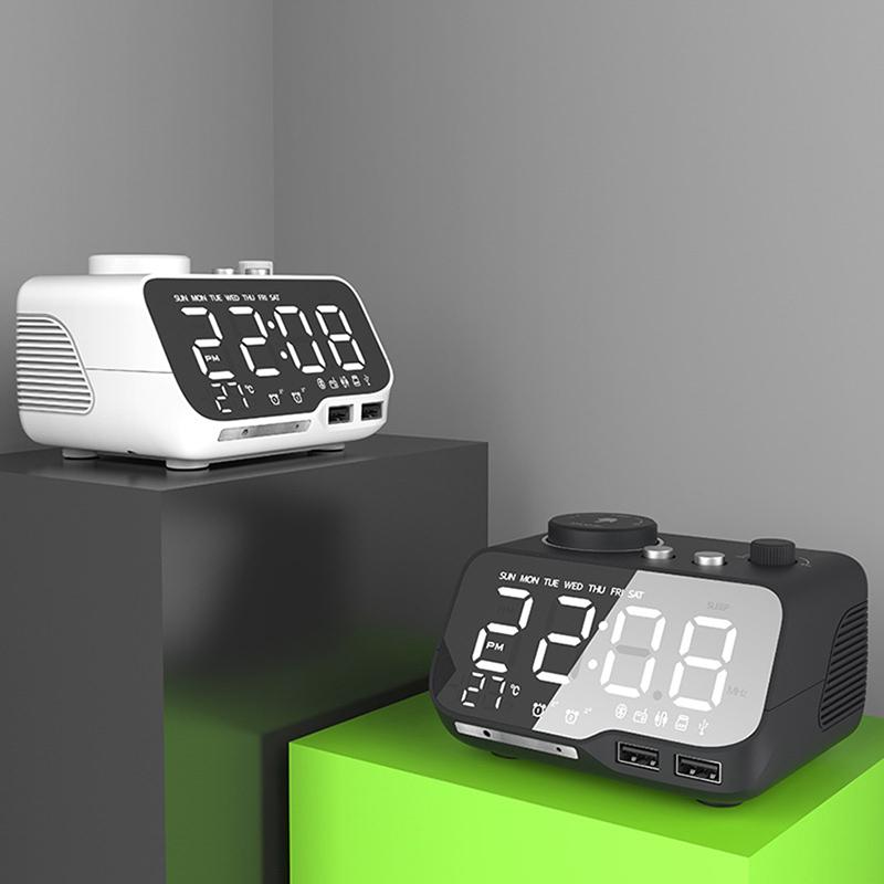 LED Alarm Clock Bluetooth-compatible Speaker Full Range FM Radio Digital Clock with Temperature USB Charger For Bedrooms