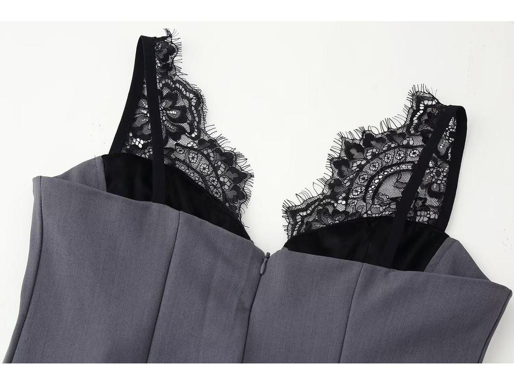 2026 Europäischer & Amerikanischer Stil Sexy Wimpernspitze Spitze Tiefes V-Ausschnitt Schlankmachendes Trägerkleid