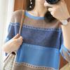 Ladies Spring Thin Knitted Mid Sleeves Round Neck Loose Striped Cutouts