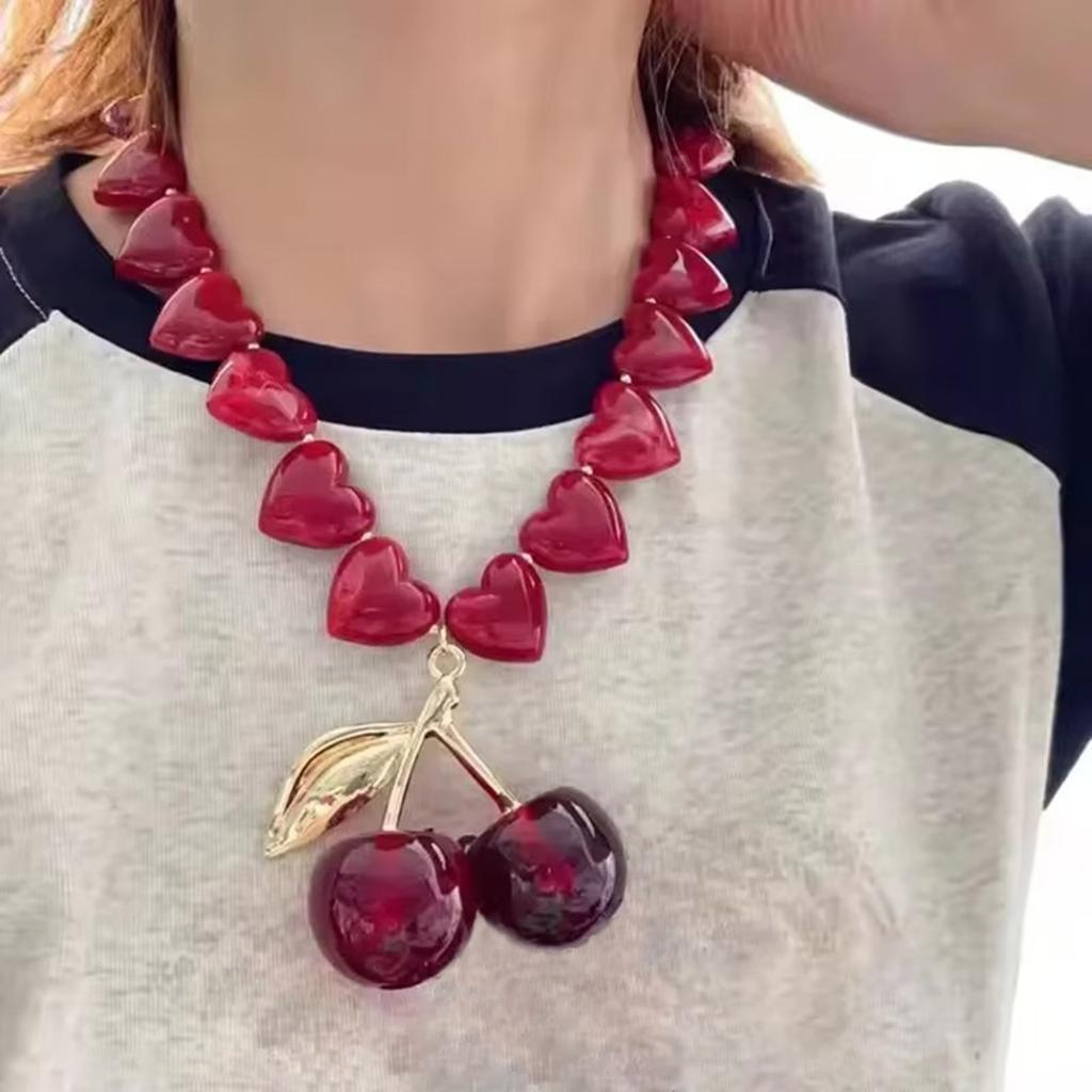 Gemstones Heart Beads Necklace Fruit Pendant Neckchain Cherry Charm Collar Chain Accessory for Dates and Parties
