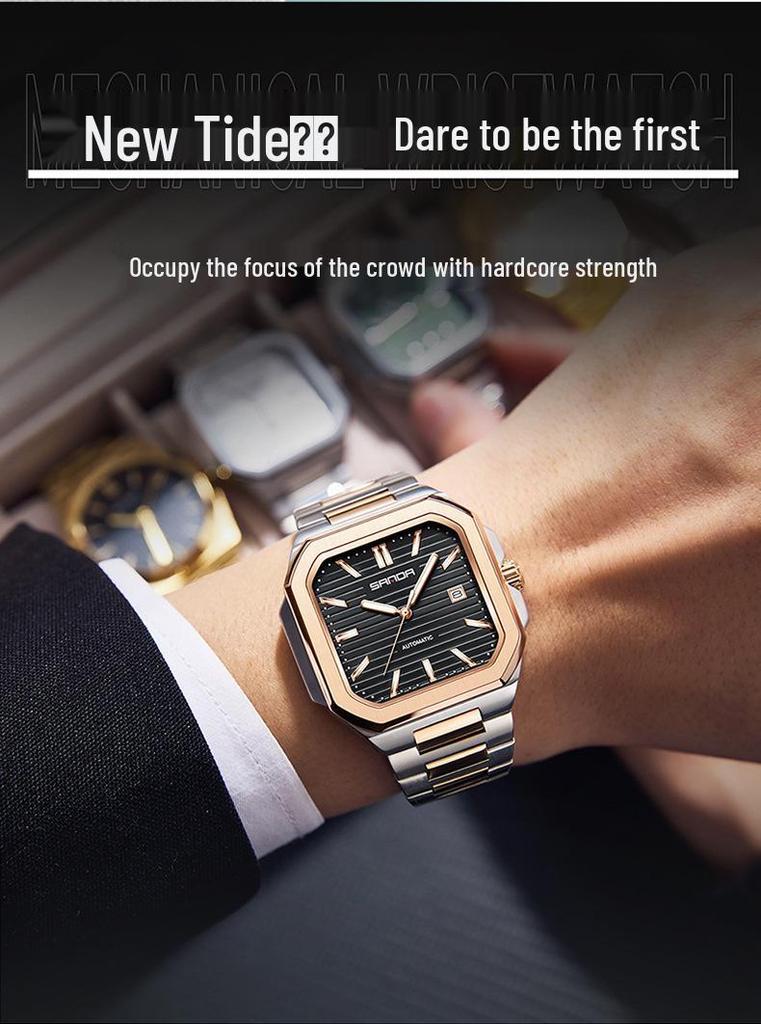 Sanda Herren Quadratische Mechanische Uhr, Schlichtes Design, Kalender, Wasserdicht, Massives Stahlarmband, Business-Stil