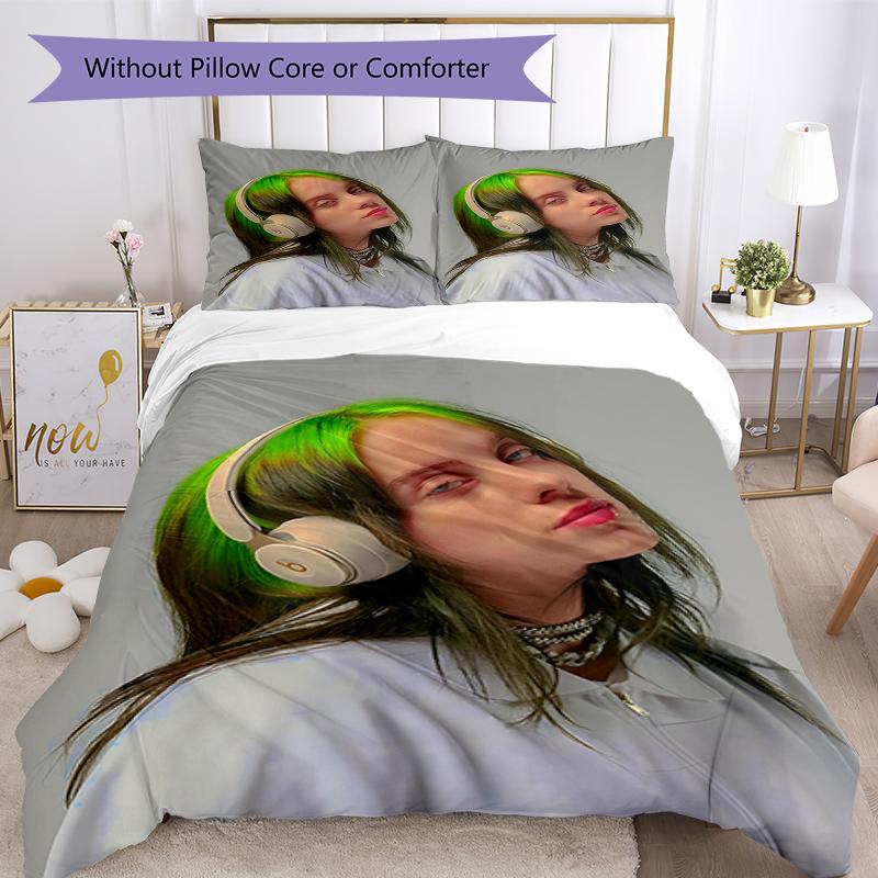 3dílná sada povlečení Billie Eilish Uzavírání na zip Obsahuje 1 povlak na přikrývku a 2 povlaky na polštáře, měkké a pohodlné pro všechna roční období.
