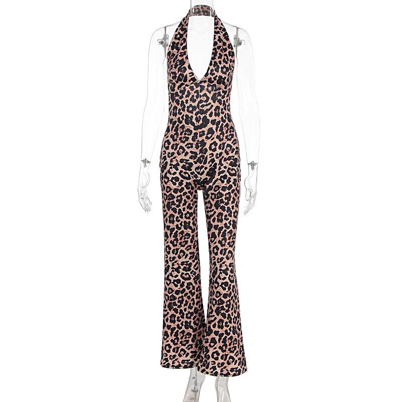 European and American Women's Clothing, Leopard Print Sleeveless Neck V-neck Wide-leg Pants, Women's Jumpsuit Slightly Pulled Belt Jumpsuit