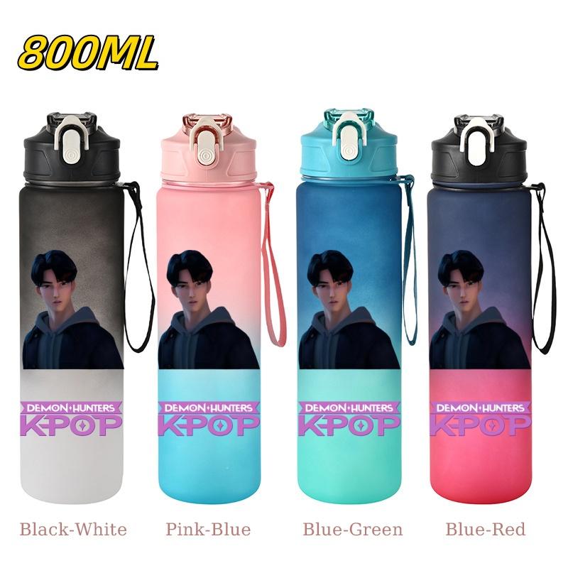 800ML KPop Demon Hunters Gradient Cartoon Print Large Capacity Straw Water Cup Outdoor Portable Sports Drink Bottles Travel Mug