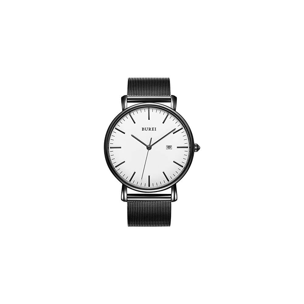 BUREI Men s Analog Watch Waterproof Simple Milanese Mesh Strap White Black