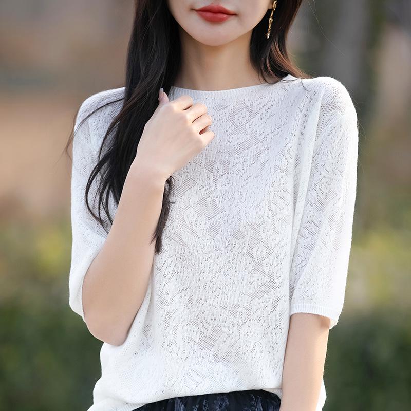 Spring 2026 Women's Merino Wool Hollow Knit Short Sleeve Top