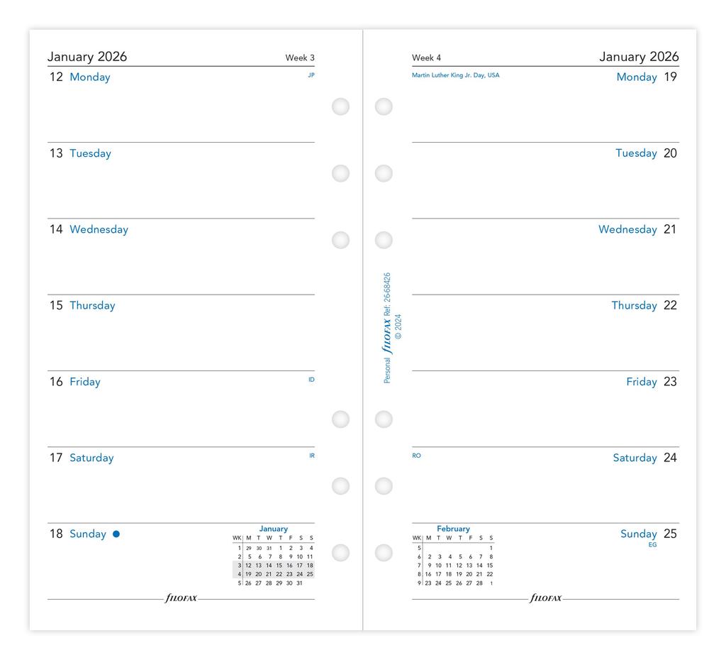 Filofax System Planner Refill, 2026 January Start, Bible Size, Weekly, White, 26-68426 (Genuine Imported Product)