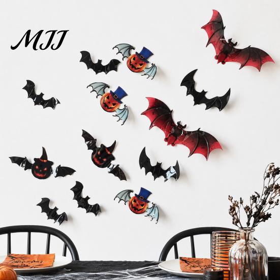 Three-dimensional Halloween Decor 12Pcs Bats Wall Decals, 3D Bat Stickers for Home Decor, Folded Paper Decoration 4 Size Waterproof Black Spooky