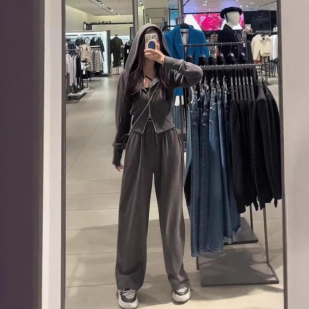 

Women s 2026 Spring/Autumn Celebrity Sportswear: Hooded Sweatshirt & Casual Long Pants Set M темно-серого