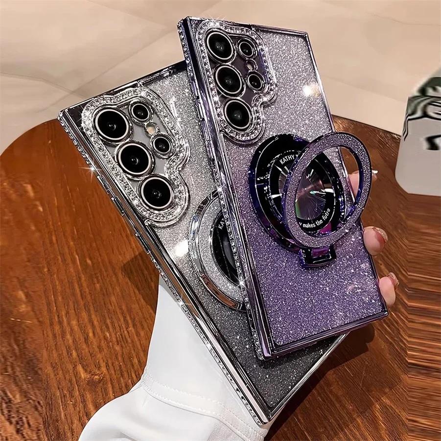 Glitter Diamond for Magsafe Bracket Case for Samsung Galaxy S25 S24 Ultra S23 S22 Plus A55 A35 A25 A24 A15 A16 Stand Bling Cover