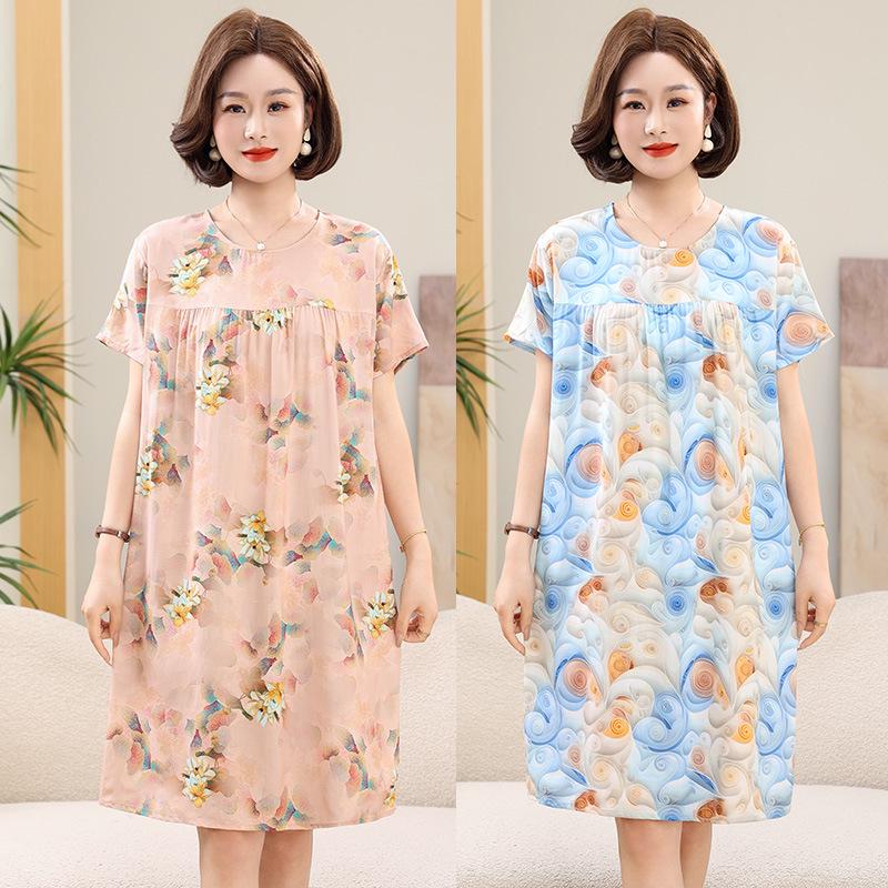 Women's Floral Print Cotton Silk Knee-Length Dress - Plus Size, Short Sleeve, Lightweight & Loose for Middle-Aged & Elderly