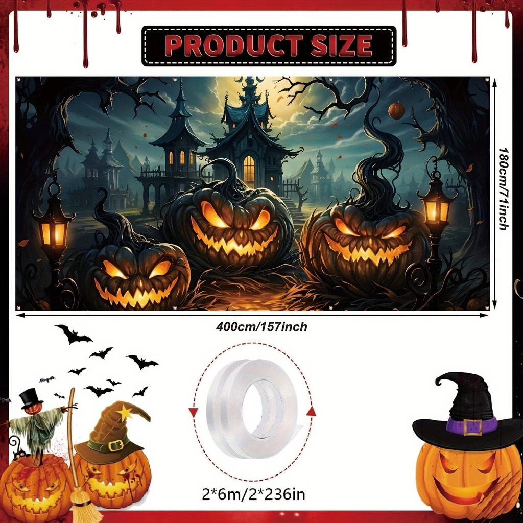 1 Piece Halloween Garage Banner Devil Pumpkin Lantern Backgroundoutdoor Garage Holiday Exterior Wall Decoration Shooting Prop