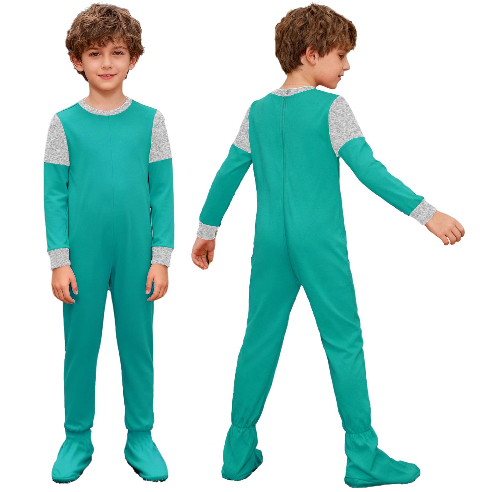 

Kids Color Block Adaptive Jumpsuit Round Neck Long Sleeve Anti-Strip Back Full Zipper Footed Bodysuit for Special Needs Care 3-4 Years зелений