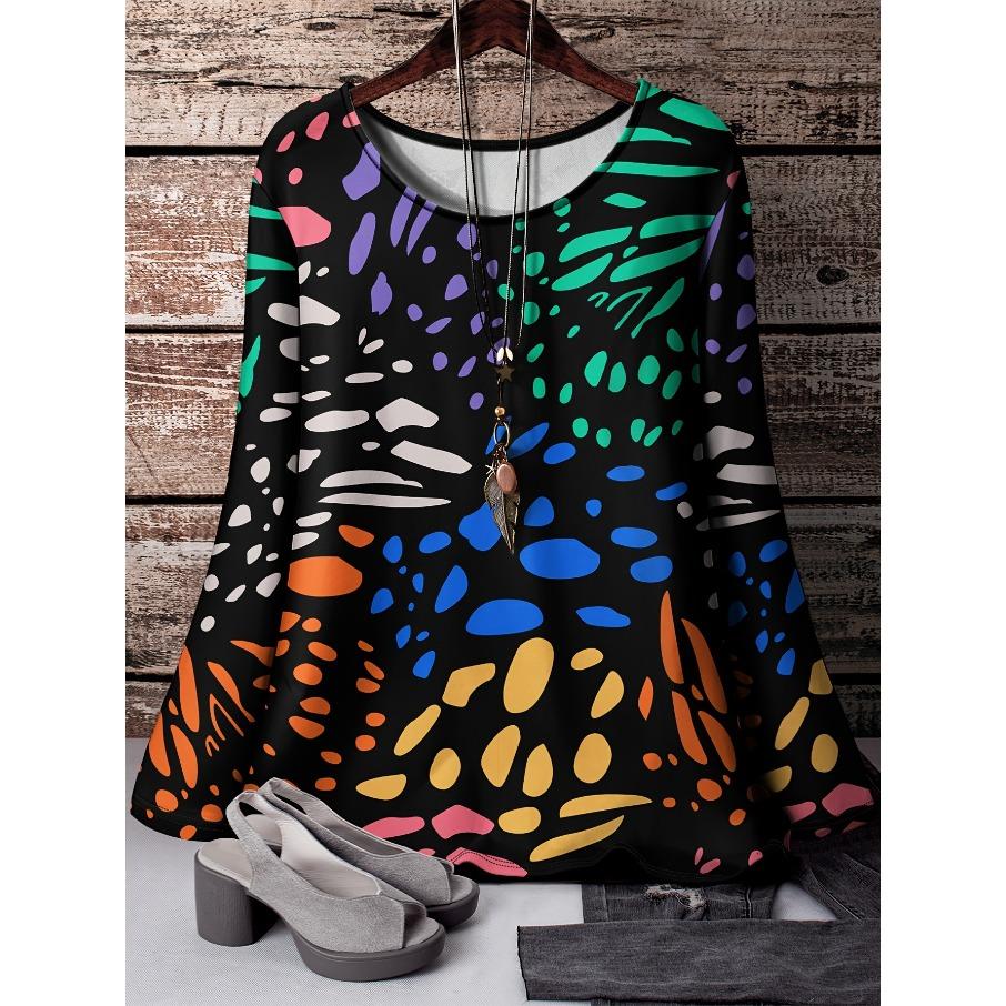 Women Fashon Polyester Comfortable T Shirts Sports Grid 3D Print Loose Round Neck Long Sleeve T-shirt Top