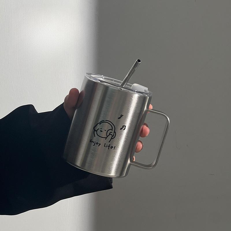 New High Appearance Level Double-layer Stainless Steel Cup Music Dog Office Straw Cup Student Female Water Cup Home Thermos Cup